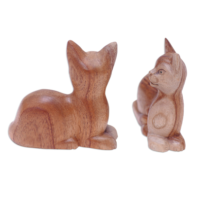 Wood sculptures, 'Feline Reflection' (Set of 2) - Set of 2 Cat-Themed Hand-Carved Jempinis Wood Sculptures