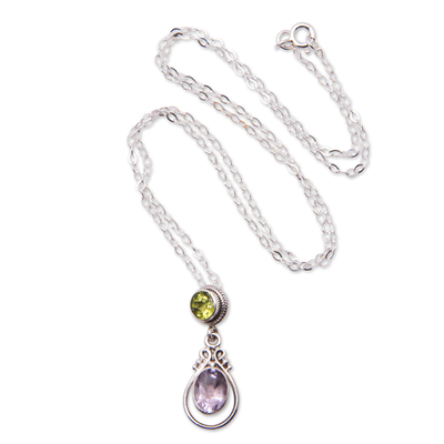 Amethyst and peridot pendant necklace, 'Primaveral Soul' - 1-Carat Amethyst and Peridot Pendant Necklace from Bali