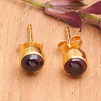 Gold-plated garnet stud earrings, 'Petite Red' - 18k Gold-Plated Stud Earrings with Garnet Stone from Bali