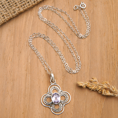 Collar colgante de amatista, 'Bouquet Glam' - Collar con colgante floral de plata esterlina con piedra amatista