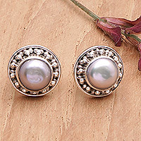 Cultured pearl stud earrings, 'Lovely Grey'