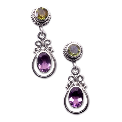 Amethyst and peridot dangle earrings, 'Primaveral Soul' - Faceted Amethyst and Peridot Dangle Earrings from Bali