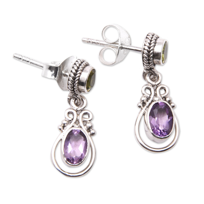 Amethyst and peridot dangle earrings, 'Primaveral Soul' - Faceted Amethyst and Peridot Dangle Earrings from Bali