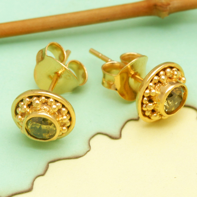 Gold-plated peridot stud earrings, 'Sweet Girl' - 18k Gold-Plated Peridot Stud Earrings Crafted in Bali