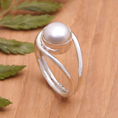 Cultured pearl cocktail ring, 'Sophisticated Waves' - Modern Cocktail Ring with a White Cultured Pearl