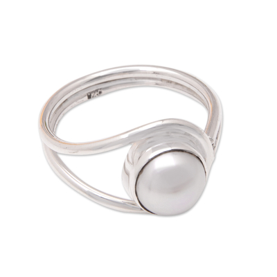 Cultured pearl cocktail ring, 'Sophisticated Waves' - Modern Cocktail Ring with a White Cultured Pearl