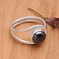 Cultured pearl cocktail ring, 'Mysterious Waves' - Modern Cocktail Ring with a Black Cultured Pearl