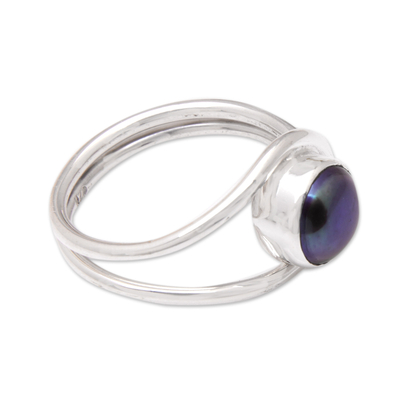 Cultured pearl cocktail ring, 'Mysterious Waves' - Modern Cocktail Ring with a Black Cultured Pearl