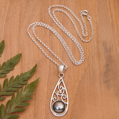 Cultured pearl pendant necklace, 'Black Ocean' - Sterling Silver Pendant Necklace with a Black Cultured Pearl