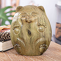 Wood sculpture, 'Feline Baby' - Whimsical Cat-Themed Hibiscus Wood Sculpture from Bali