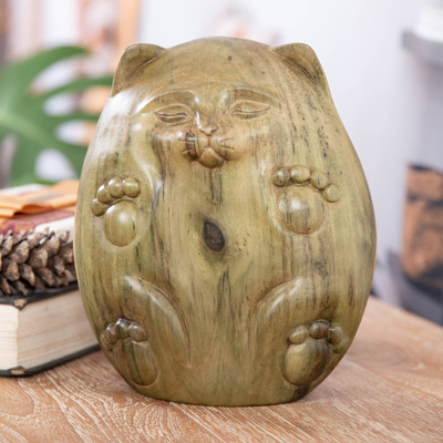 Wood sculpture, 'Feline Baby' - Whimsical Cat-Themed Hibiscus Wood Sculpture from Bali