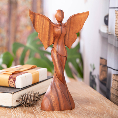 Escultura de madera - Escultura de madera de suar marrón con temática de ángel de Bali
