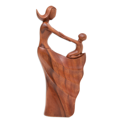 Escultura de madera - Escultura semiabstracta de madre e hijo en madera de suar marrón