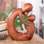 Wood sculpture, 'Fatherly Happiness' - Semi-Abstract Brown Suar Wood Sculpture of Father and Child