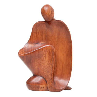 Escultura de madera - Escultura de madera de suar marrón semiabstracta hecha a mano en Bali