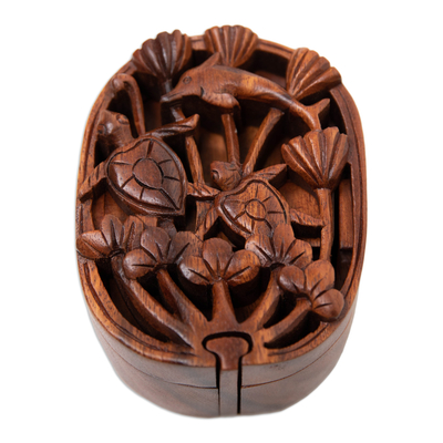 Wood puzzle box, 'Hidden Ocean' - Marine-Themed Brown Suar Wood Puzzle Box Handcrafted in Bali