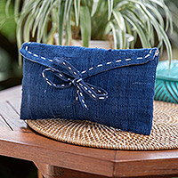 Cotton cosmetic bag, 'Casual Blue' - Handcrafted Blue Cotton Cosmetic Bag with a Tie Closure