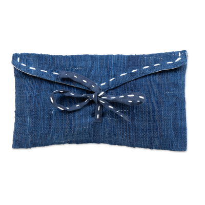Handcrafted Blue Cotton Cosmetic Bag with a Tie Closure