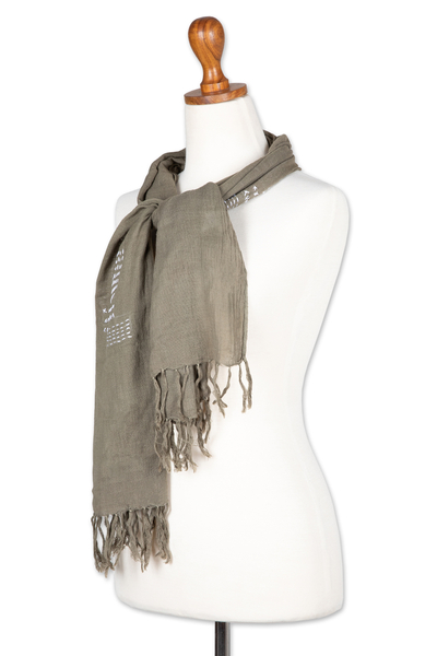 Cotton shawl, 'Olive Boro' - Olive Cotton Shawl with Stitched Boro Details and Fringes
