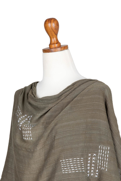 Cotton scarf, 'Olive Boro' - Olive Cotton Scarf with Stitched Boro Details and Fringes