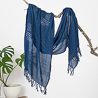 Cotton scarf, 'Midnight Boro' - Midnight Cotton Scarf with Stitched Boro Details and Fringes