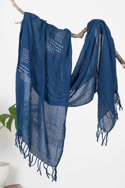 Bufanda de algodón - Bufanda Midnight de algodón con detalles de boro pespunteados y flecos
