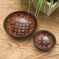 Batik wood decorative bowls, 'Truntum Spring' (set of 2) - Red and Black Wadang Wood Batik Centerpieces (Set of 2)