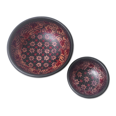 Batik wood decorative bowls, 'Truntum Spring' (set of 2) - Red and Black Wadang Wood Batik Centerpieces (Set of 2)