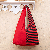 Cotton shoulder bag, 'Red Lurik' - Handcrafted Red Striped Cotton Shoulder Bag from Java
