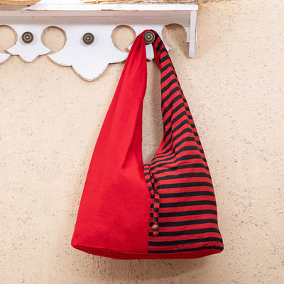 Umhängetasche aus Baumwolle - Handgefertigte rot gestreifte Baumwoll-Umhängetasche aus Java