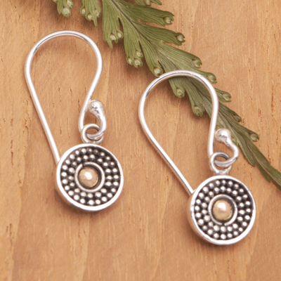 Gold-accented dangle earrings, 'Antique Gong' - Gong-Themed Sterling Silver Dangle Earrings with Gold Accent
