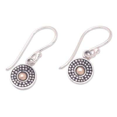 Gold-accented dangle earrings, 'Antique Gong' - Gong-Themed Sterling Silver Dangle Earrings with Gold Accent