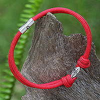 Sterling silver pendant cord bracelet, 'Lineage O' - Red Cord Bracelet with Sterling Silver Pendant