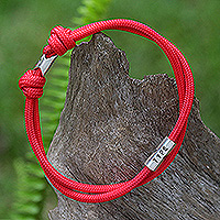 Sterling silver pendant cord bracelet, 'Lineage A' - Sterling Silver Pendant Bracelet with a Red Cord
