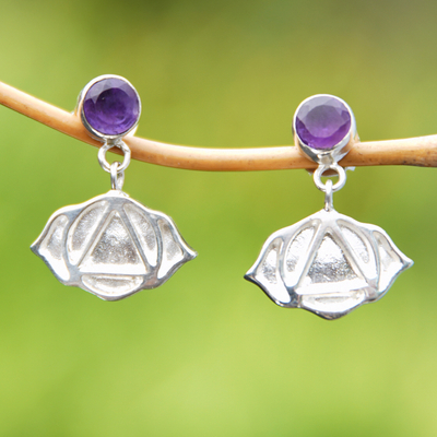 Amethyst dangle earrings, 'Swadhisthana Chakra' - Amethyst and Silver Sacral Chakra Symbol Dangle Earrings