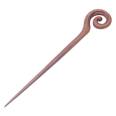 Wood hair pin, 'Style Spiral' - Traditional Hand-Carved Spiral Suar Wood Hair Pin From Bali