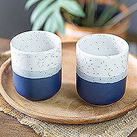 Tazas de cerámica, 'Snowy Midnight' (pareja) - Juego de 2 Tazas de cerámica jaspeada en tonos azul y blanco