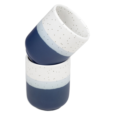 Tazas de cerámica, (par) - Juego de 2 tazas de cerámica jaspeada en tonos azul y blanco