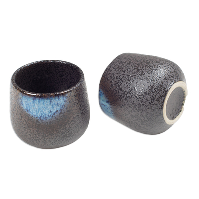 Ceramic cups, 'Bohemian Satisfaction' (pair) - Set of 2 Handcrafted Bohemian Ceramic Cups from Bali