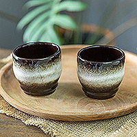 Ceramic cups, 'Serene Flavors' (pair) - Set of 2 Handcrafted Brown and White Ceramic Cups from Bali