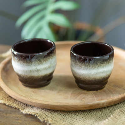 Tazas de cerámica, (par) - Juego de 2 tazas de cerámica marrón y blanca hechas a mano de Bali
