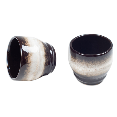Tazas de cerámica, (par) - Juego de 2 tazas de cerámica marrón y blanca hechas a mano de Bali