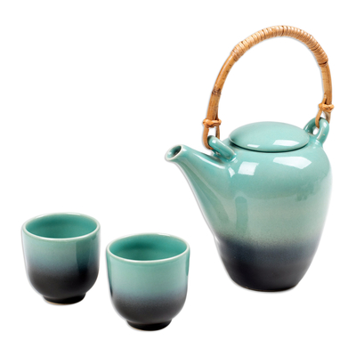 Ceramic and bamboo tea set, 'Lagoon Tea' (3 pieces) - Ceramic and Bamboo Tea Set in Turquoise and Black (3 Pieces)