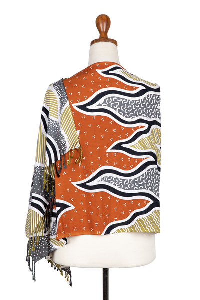 Batik rayon shawl, 'Tropical Sunset' - Handcrafted Batik Rayon Shawl in Orange and Grey Hues
