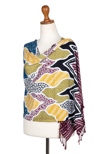 Batik-Rayon-Schal, „Island Vibes“ – handgefertigter, lebendiger, geometrischer Batik-Rayon-Schal aus Java