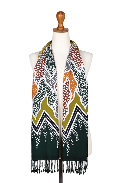 Batik rayon shawl, 'Tropical Vibes' - Handcrafted Tropical Geometric Batik Rayon Shawl from Java