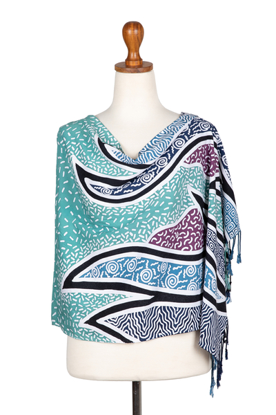 Batik rayon shawl, 'Serene Waves' - Handcrafted Green Batik Rayon Shawl with Wavy Motifs