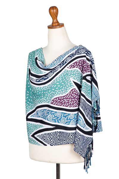 Batik rayon shawl, 'Serene Waves' - Handcrafted Green Batik Rayon Shawl with Wavy Motifs