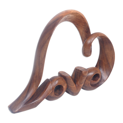 Holzskulptur - Handgeschnitzte abstrakte herzförmige Skulptur aus Suarholz