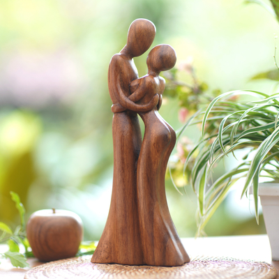 Wood sculpture, 'Dancing in Our Minds' - Hand-Carved Romantic Suar Wood Sculpture of a Couple